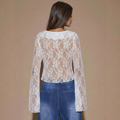 Strap and slit long sleeved V-neck lace top